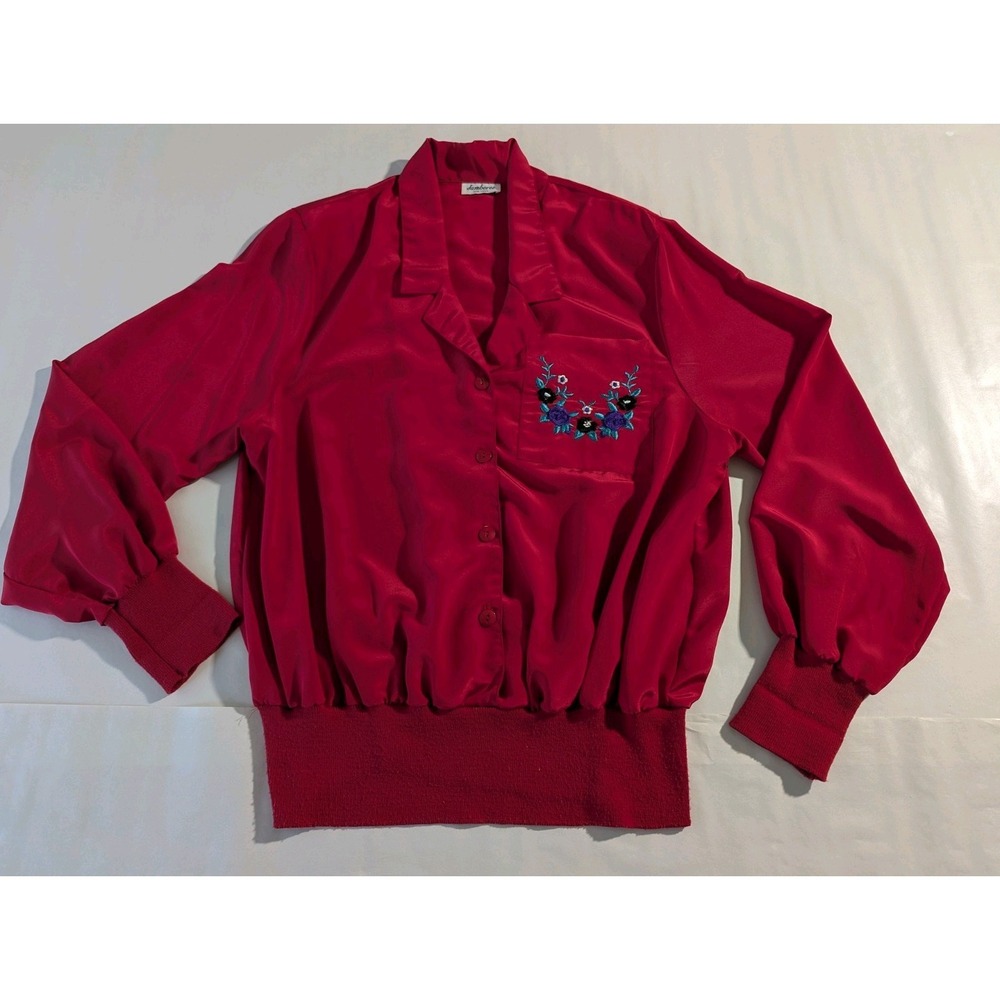 Jamboree Women Red Satin Embroidered Button Front Collared Long Sleeve Blouse 14